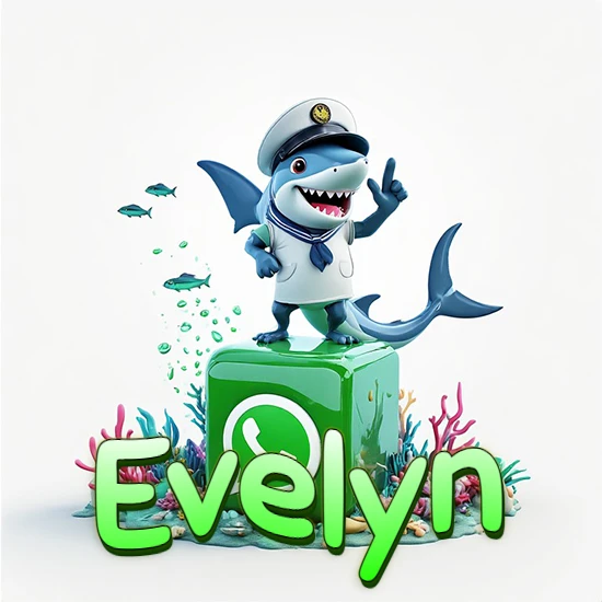 Fondo marino con un tiburón capitán sobre un cubo verde de WhatsApp. Arrecifes de coral, peces y burbujas. Nombre en verde claro en la parte delantera del cubo. Diseño con el nombre Evelyn.