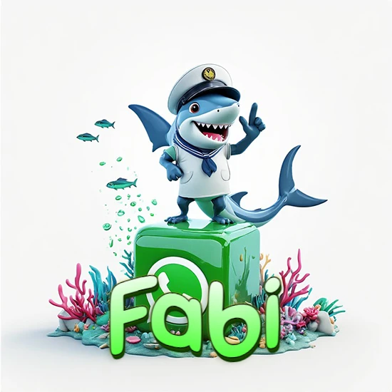 Fondo marino con un tiburón capitán sobre un cubo verde de WhatsApp. Arrecifes de coral, peces y burbujas. Nombre en verde claro en la parte delantera del cubo. Diseño con el nombre Fabi.