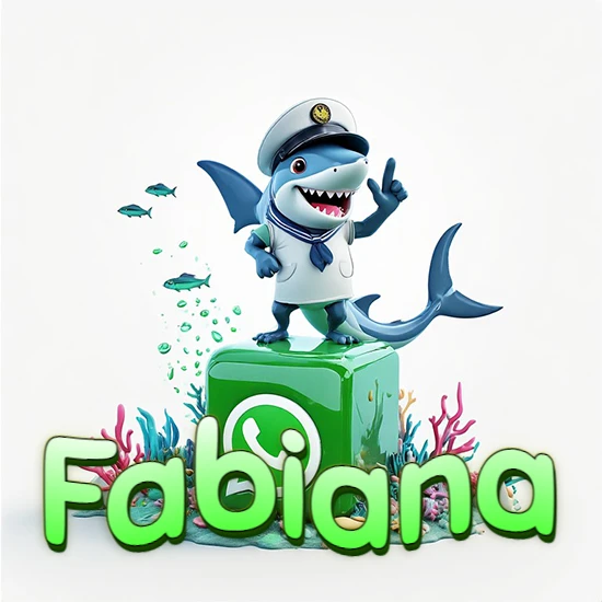 Fondo marino con un tiburón capitán sobre un cubo verde de WhatsApp. Arrecifes de coral, peces y burbujas. Nombre en verde claro en la parte delantera del cubo. Diseño con el nombre Fabiana.