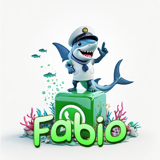 Fondo marino con un tiburón capitán sobre un cubo verde de WhatsApp. Arrecifes de coral, peces y burbujas. Nombre en verde claro en la parte delantera del cubo. Diseño con el nombre Fabio.