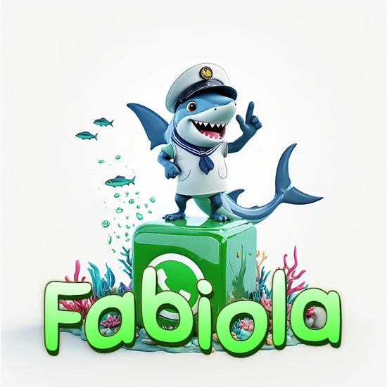 Fondo marino con un tiburón capitán sobre un cubo verde de WhatsApp. Arrecifes de coral, peces y burbujas. Nombre en verde claro en la parte delantera del cubo. Diseño con el nombre Fabiola.