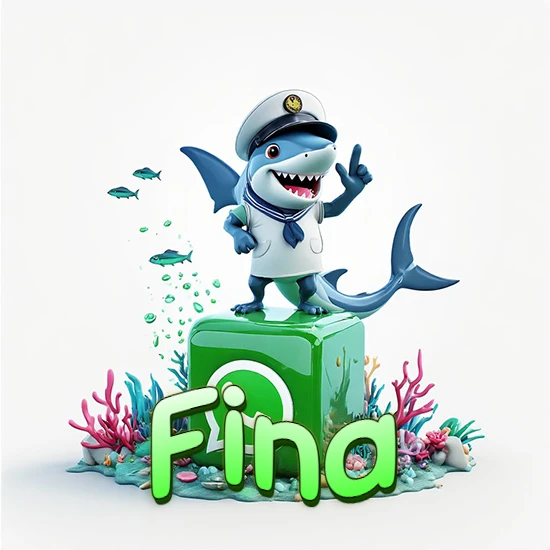 Fondo marino con un tiburón capitán sobre un cubo verde de WhatsApp. Arrecifes de coral, peces y burbujas. Nombre en verde claro en la parte delantera del cubo. Diseño con el nombre Fina.