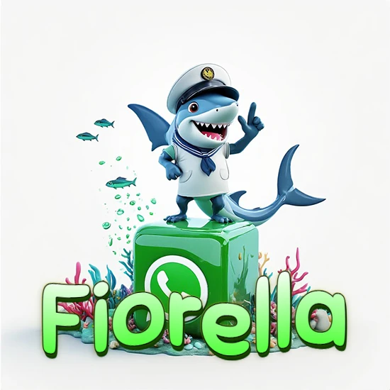 Fondo marino con un tiburón capitán sobre un cubo verde de WhatsApp. Arrecifes de coral, peces y burbujas. Nombre en verde claro en la parte delantera del cubo. Diseño con el nombre Fiorella.