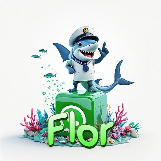 Fondo marino con un tiburón capitán sobre un cubo verde de WhatsApp. Arrecifes de coral, peces y burbujas. Nombre en verde claro en la parte delantera del cubo. Diseño con el nombre Flor.