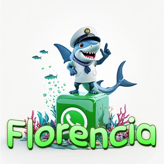 Fondo marino con un tiburón capitán sobre un cubo verde de WhatsApp. Arrecifes de coral, peces y burbujas. Nombre en verde claro en la parte delantera del cubo. Diseño con el nombre Florencia.