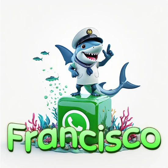 Fondo marino con un tiburón capitán sobre un cubo verde de WhatsApp. Arrecifes de coral, peces y burbujas. Nombre en verde claro en la parte delantera del cubo. Diseño con el nombre Francisco.