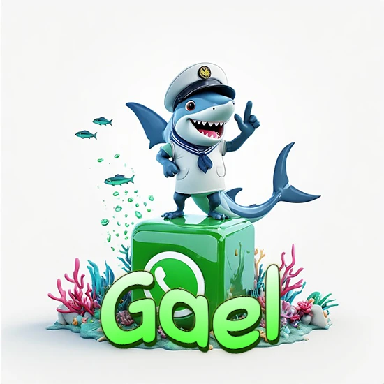 Fondo marino con un tiburón capitán sobre un cubo verde de WhatsApp. Arrecifes de coral, peces y burbujas. Nombre en verde claro en la parte delantera del cubo. Diseño con el nombre Gael.