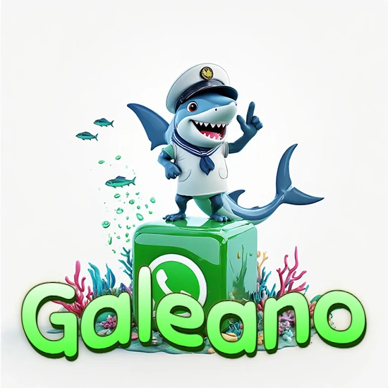 Fondo marino con un tiburón capitán sobre un cubo verde de WhatsApp. Arrecifes de coral, peces y burbujas. Nombre en verde claro en la parte delantera del cubo. Diseño con el nombre Galeano.