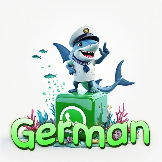 Fondo marino con un tiburón capitán sobre un cubo verde de WhatsApp. Arrecifes de coral, peces y burbujas. Nombre en verde claro en la parte delantera del cubo. Diseño con el nombre German.