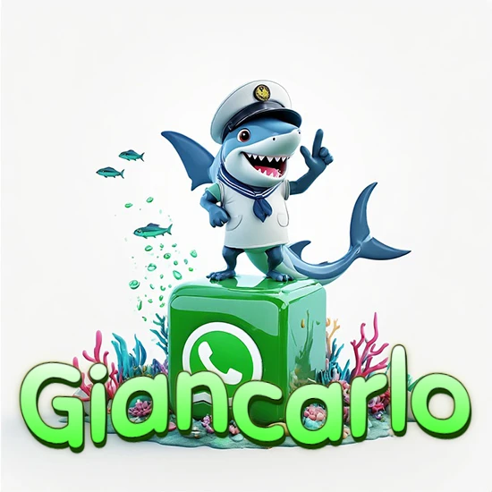 Fondo marino con un tiburón capitán sobre un cubo verde de WhatsApp. Arrecifes de coral, peces y burbujas. Nombre en verde claro en la parte delantera del cubo. Diseño con el nombre Giancarlo.