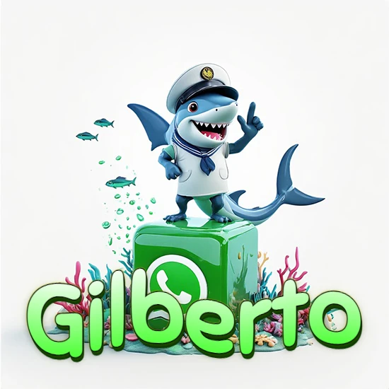 Fondo marino con un tiburón capitán sobre un cubo verde de WhatsApp. Arrecifes de coral, peces y burbujas. Nombre en verde claro en la parte delantera del cubo. Diseño con el nombre Gilberto.