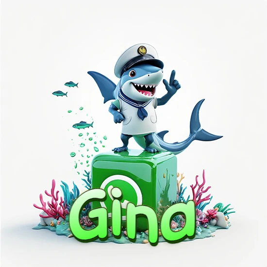 Fondo marino con un tiburón capitán sobre un cubo verde de WhatsApp. Arrecifes de coral, peces y burbujas. Nombre en verde claro en la parte delantera del cubo. Diseño con el nombre Gina.