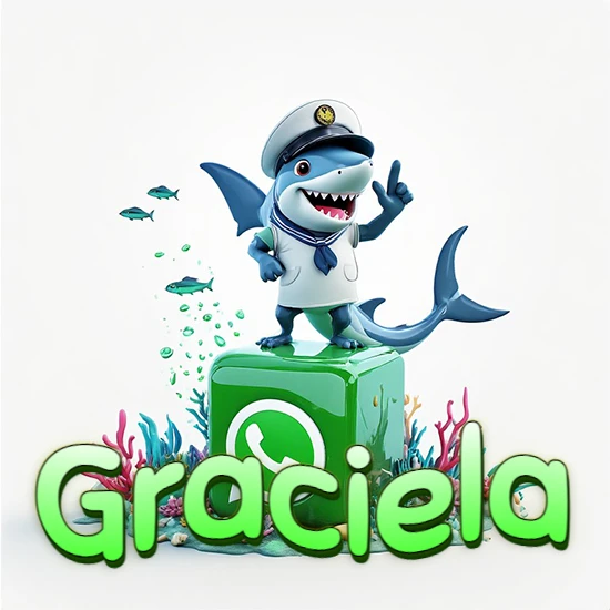 Fondo marino con un tiburón capitán sobre un cubo verde de WhatsApp. Arrecifes de coral, peces y burbujas. Nombre en verde claro en la parte delantera del cubo. Diseño con el nombre Graciela.