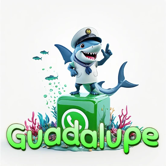 Fondo marino con un tiburón capitán sobre un cubo verde de WhatsApp. Arrecifes de coral, peces y burbujas. Nombre en verde claro en la parte delantera del cubo. Diseño con el nombre Guadalupe.