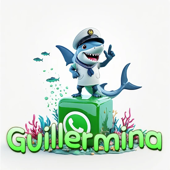 Fondo marino con un tiburón capitán sobre un cubo verde de WhatsApp. Arrecifes de coral, peces y burbujas. Nombre en verde claro en la parte delantera del cubo. Diseño con el nombre Guillermina.