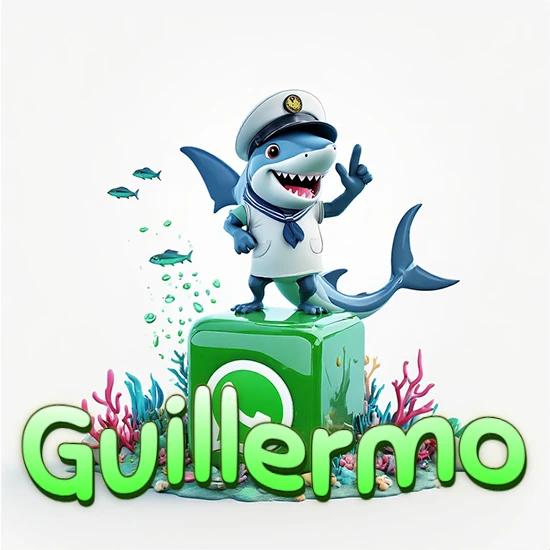 Fondo marino con un tiburón capitán sobre un cubo verde de WhatsApp. Arrecifes de coral, peces y burbujas. Nombre en verde claro en la parte delantera del cubo. Diseño con el nombre Guillermo.
