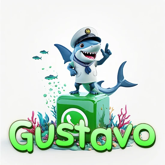 Fondo marino con un tiburón capitán sobre un cubo verde de WhatsApp. Arrecifes de coral, peces y burbujas. Nombre en verde claro en la parte delantera del cubo. Diseño con el nombre Gustavo.
