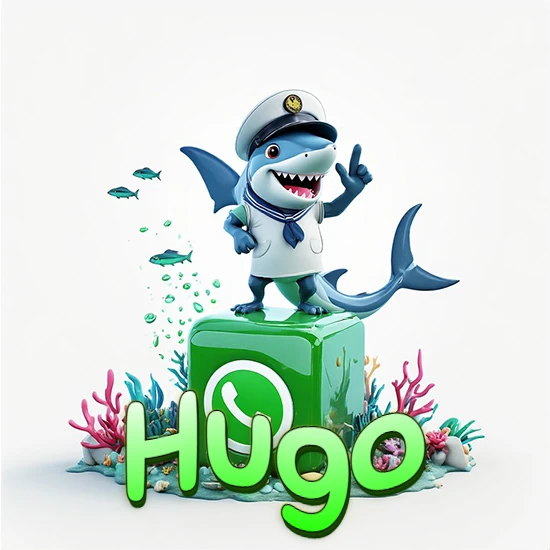Fondo marino con un tiburón capitán sobre un cubo verde de WhatsApp. Arrecifes de coral, peces y burbujas. Nombre en verde claro en la parte delantera del cubo. Diseño con el nombre Hugo.