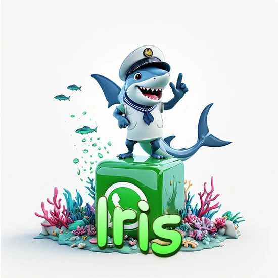 Fondo marino con un tiburón capitán sobre un cubo verde de WhatsApp. Arrecifes de coral, peces y burbujas. Nombre en verde claro en la parte delantera del cubo. Diseño con el nombre Iris. Fondo marino con un tiburón capitán sobre un cubo verde de WhatsApp. Arrecifes de coral, peces y burbujas. Nombre en verde claro en la parte delantera del cubo. Diseño con el nombre Iris.