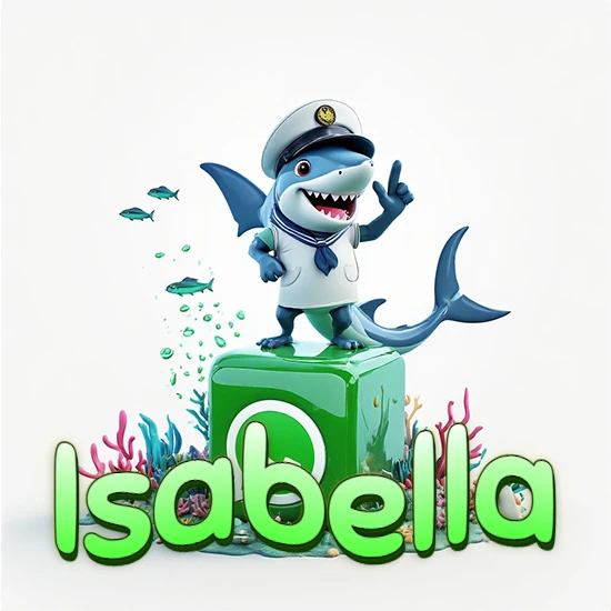 Fondo marino con un tiburón capitán sobre un cubo verde de WhatsApp. Arrecifes de coral, peces y burbujas. Nombre en verde claro en la parte delantera del cubo. Diseño con el nombre Isabella.