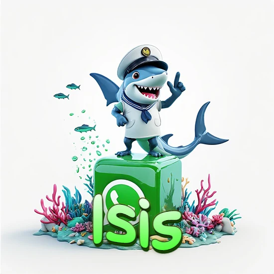 Fondo marino con un tiburón capitán sobre un cubo verde de WhatsApp. Arrecifes de coral, peces y burbujas. Nombre en verde claro en la parte delantera del cubo. Diseño con el nombre Isis.