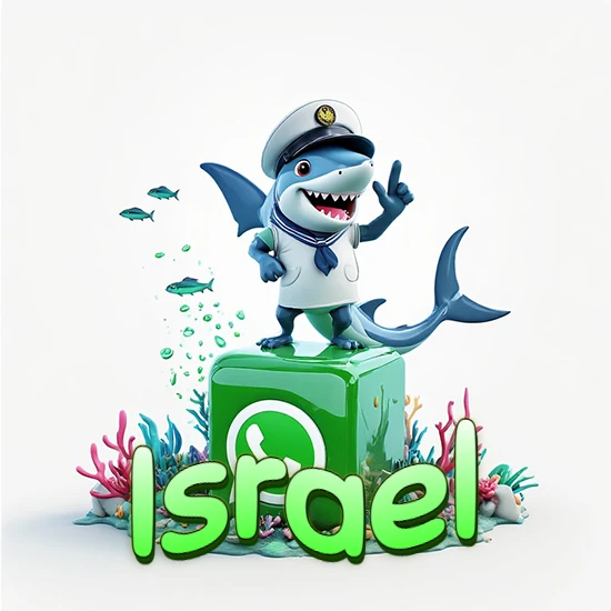Fondo marino con un tiburón capitán sobre un cubo verde de WhatsApp. Arrecifes de coral, peces y burbujas. Nombre en verde claro en la parte delantera del cubo. Diseño con el nombre Israel.
