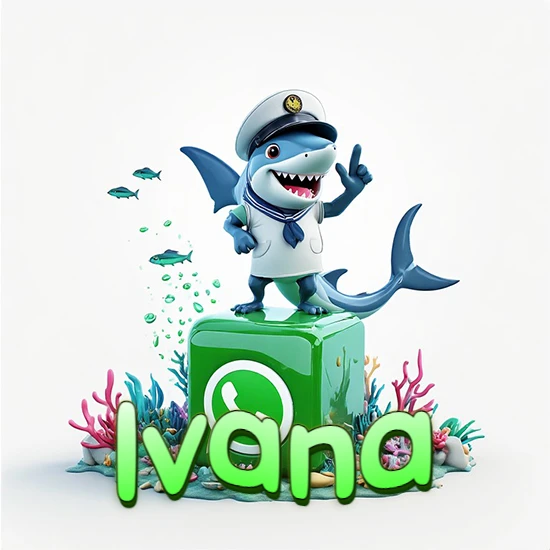 Fondo marino con un tiburón capitán sobre un cubo verde de WhatsApp. Arrecifes de coral, peces y burbujas. Nombre en verde claro en la parte delantera del cubo. Diseño con el nombre Ivana.