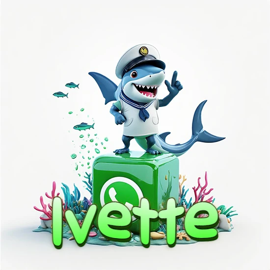 Fondo marino con un tiburón capitán sobre un cubo verde de WhatsApp. Arrecifes de coral, peces y burbujas. Nombre en verde claro en la parte delantera del cubo. Diseño con el nombre Ivette.