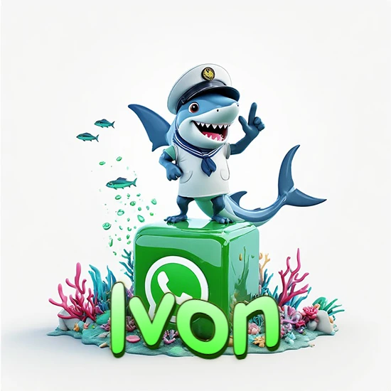 Fondo marino con un tiburón capitán sobre un cubo verde de WhatsApp. Arrecifes de coral, peces y burbujas. Nombre en verde claro en la parte delantera del cubo. Diseño con el nombre Ivon.