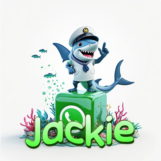 Fondo marino con un tiburón capitán sobre un cubo verde de WhatsApp. Arrecifes de coral, peces y burbujas. Nombre en verde claro en la parte delantera del cubo. Diseño con el nombre Jackie.