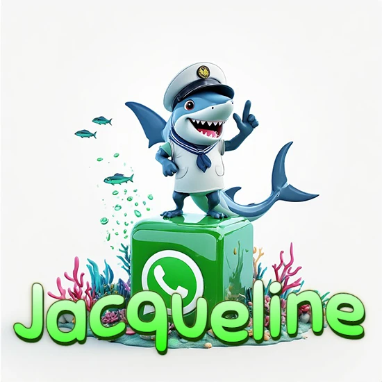 Fondo marino con un tiburón capitán sobre un cubo verde de WhatsApp. Arrecifes de coral, peces y burbujas. Nombre en verde claro en la parte delantera del cubo. Diseño con el nombre Jacqueline.