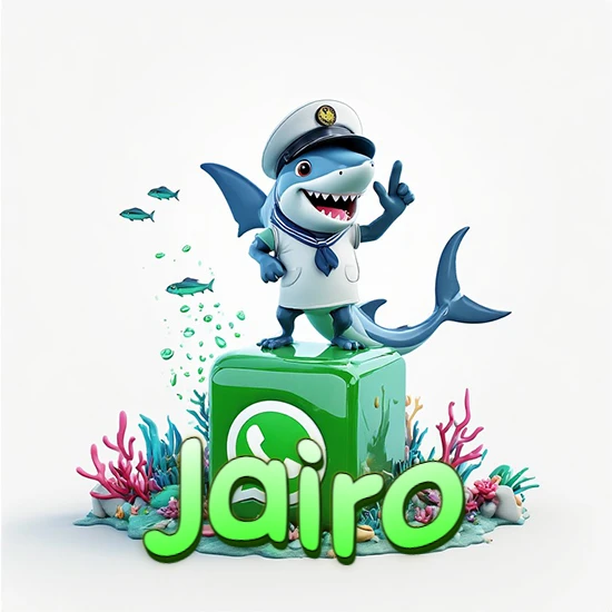 Fondo marino con un tiburón capitán sobre un cubo verde de WhatsApp. Arrecifes de coral, peces y burbujas. Nombre en verde claro en la parte delantera del cubo. Diseño con el nombre Jairo.