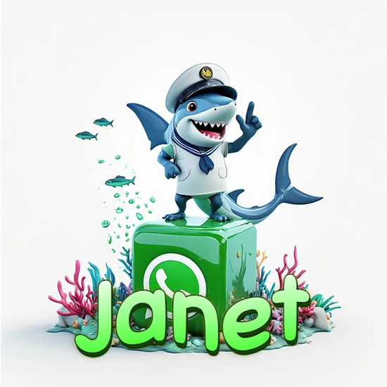 Fondo marino con un tiburón capitán sobre un cubo verde de WhatsApp. Arrecifes de coral, peces y burbujas. Nombre en verde claro en la parte delantera del cubo. Diseño con el nombre Janet.