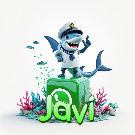 Fondo marino con un tiburón capitán sobre un cubo verde de WhatsApp. Arrecifes de coral, peces y burbujas. Nombre en verde claro en la parte delantera del cubo. Diseño con el nombre Javi.