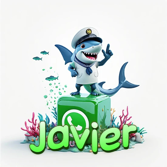 Fondo marino con un tiburón capitán sobre un cubo verde de WhatsApp. Arrecifes de coral, peces y burbujas. Nombre en verde claro en la parte delantera del cubo. Diseño con el nombre Javier.
