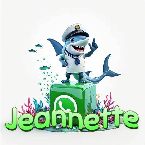Fondo marino con un tiburón capitán sobre un cubo verde de WhatsApp. Arrecifes de coral, peces y burbujas. Nombre en verde claro en la parte delantera del cubo. Diseño con el nombre Jeannette.