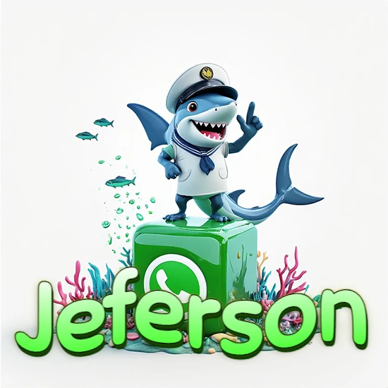 Fondo marino con un tiburón capitán sobre un cubo verde de WhatsApp. Arrecifes de coral, peces y burbujas. Nombre en verde claro en la parte delantera del cubo. Diseño con el nombre Jeferson.