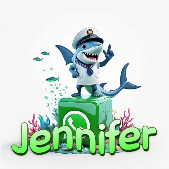 Fondo marino con un tiburón capitán sobre un cubo verde de WhatsApp. Arrecifes de coral, peces y burbujas. Nombre en verde claro en la parte delantera del cubo. Diseño con el nombre Jennifer.