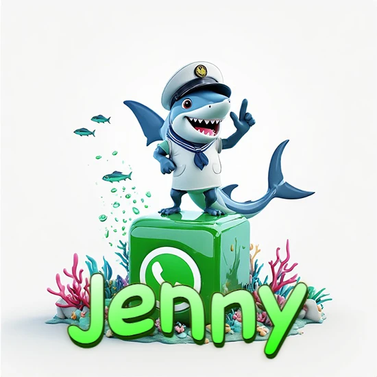 Fondo marino con un tiburón capitán sobre un cubo verde de WhatsApp. Arrecifes de coral, peces y burbujas. Nombre en verde claro en la parte delantera del cubo. Diseño con el nombre Jenny.