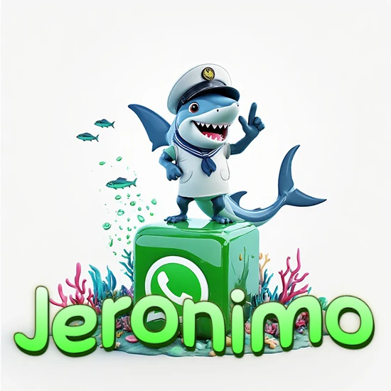 Fondo marino con un tiburón capitán sobre un cubo verde de WhatsApp. Arrecifes de coral, peces y burbujas. Nombre en verde claro en la parte delantera del cubo. Diseño con el nombre Jeronimo.