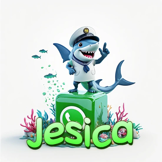 Fondo marino con un tiburón capitán sobre un cubo verde de WhatsApp. Arrecifes de coral, peces y burbujas. Nombre en verde claro en la parte delantera del cubo. Diseño con el nombre Jesica.