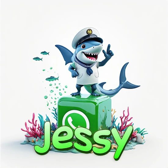 Fondo marino con un tiburón capitán sobre un cubo verde de WhatsApp. Arrecifes de coral, peces y burbujas. Nombre en verde claro en la parte delantera del cubo. Diseño con el nombre Jessy.