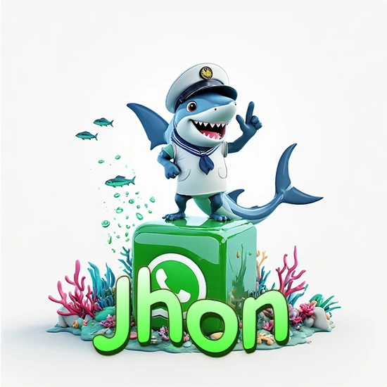 Fondo marino con un tiburón capitán sobre un cubo verde de WhatsApp. Arrecifes de coral, peces y burbujas. Nombre en verde claro en la parte delantera del cubo. Diseño con el nombre Jhon.