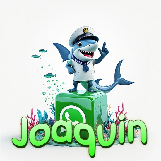 Fondo marino con un tiburón capitán sobre un cubo verde de WhatsApp. Arrecifes de coral, peces y burbujas. Nombre en verde claro en la parte delantera del cubo. Diseño con el nombre Joaquin.