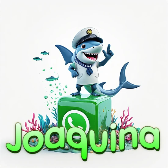 Fondo marino con un tiburón capitán sobre un cubo verde de WhatsApp. Arrecifes de coral, peces y burbujas. Nombre en verde claro en la parte delantera del cubo. Diseño con el nombre Joaquina.