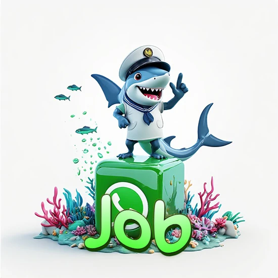 Fondo marino con un tiburón capitán sobre un cubo verde de WhatsApp. Arrecifes de coral, peces y burbujas. Nombre en verde claro en la parte delantera del cubo. Diseño con el nombre Job.