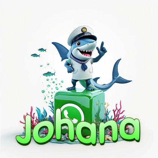 Fondo marino con un tiburón capitán sobre un cubo verde de WhatsApp. Arrecifes de coral, peces y burbujas. Nombre en verde claro en la parte delantera del cubo. Diseño con el nombre Johana.