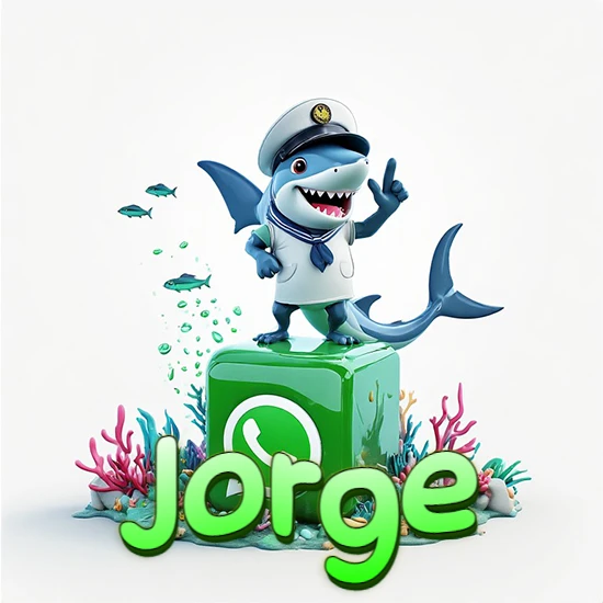 Fondo marino con un tiburón capitán sobre un cubo verde de WhatsApp. Arrecifes de coral, peces y burbujas. Nombre en verde claro en la parte delantera del cubo. Diseño con el nombre Jorge.