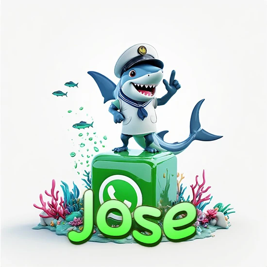 Fondo marino con un tiburón capitán sobre un cubo verde de WhatsApp. Arrecifes de coral, peces y burbujas. Nombre en verde claro en la parte delantera del cubo. Diseño con el nombre Jose.