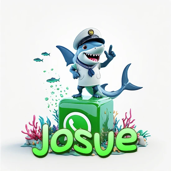 Fondo marino con un tiburón capitán sobre un cubo verde de WhatsApp. Arrecifes de coral, peces y burbujas. Nombre en verde claro en la parte delantera del cubo. Diseño con el nombre Josue.